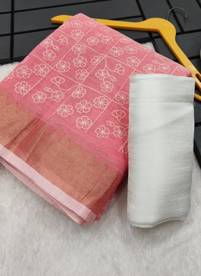 Linen Pink Casual Wear Thread Work Saree